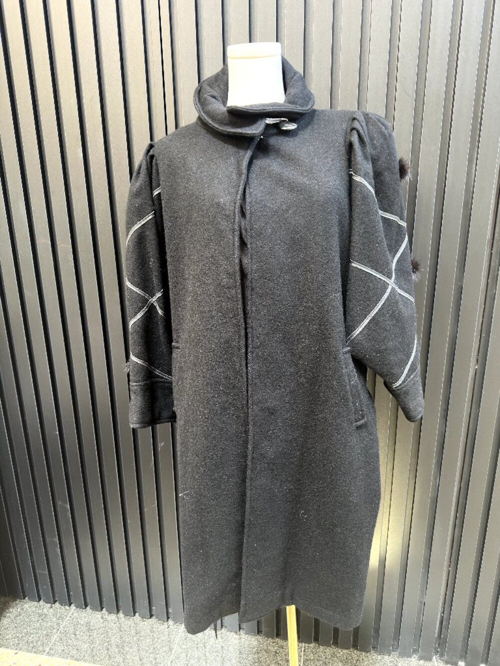 Black Longline Coat Puff Sleeve Lattice Ribbon Fur Pom Detail